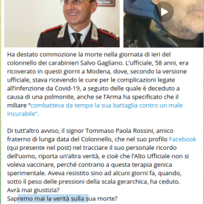 Morto colonnello dei carabinieri vaccinatosi 10 giorni fa circa.
